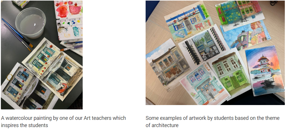 Watercolour paintings of buildings by a teacher and students, displayed on tables with paint palettes and brushes nearby.